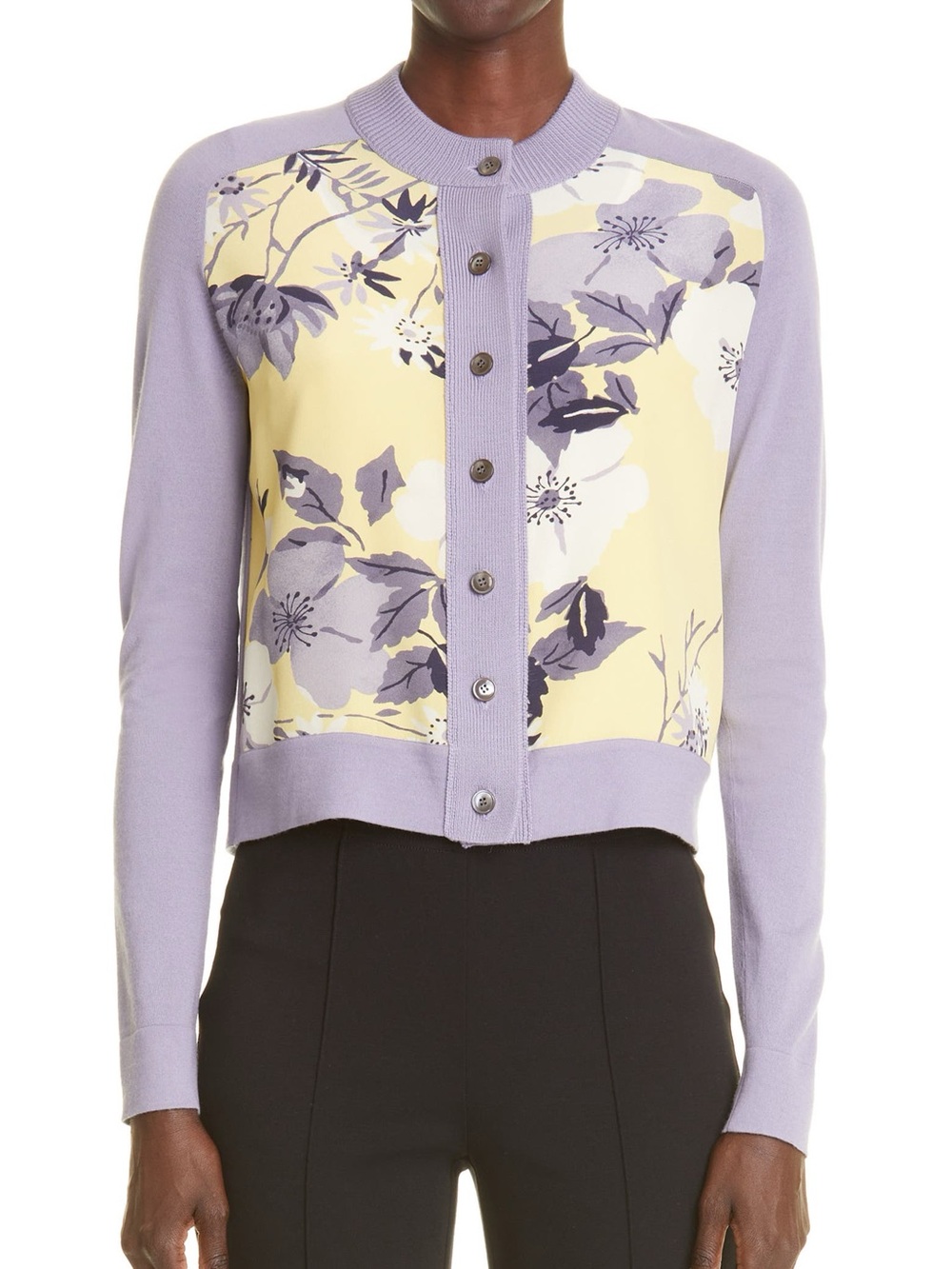 St. John Collection Floral Silk Panel Wool Cardigan Sweater Size Small Purple